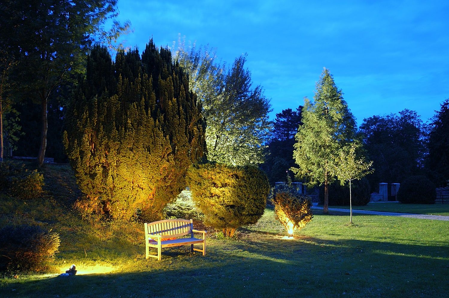 Angestrahlte Eiben und eine Gartenbank im abendlichen Park von Schloss Wachendorf unter blauem Himmel