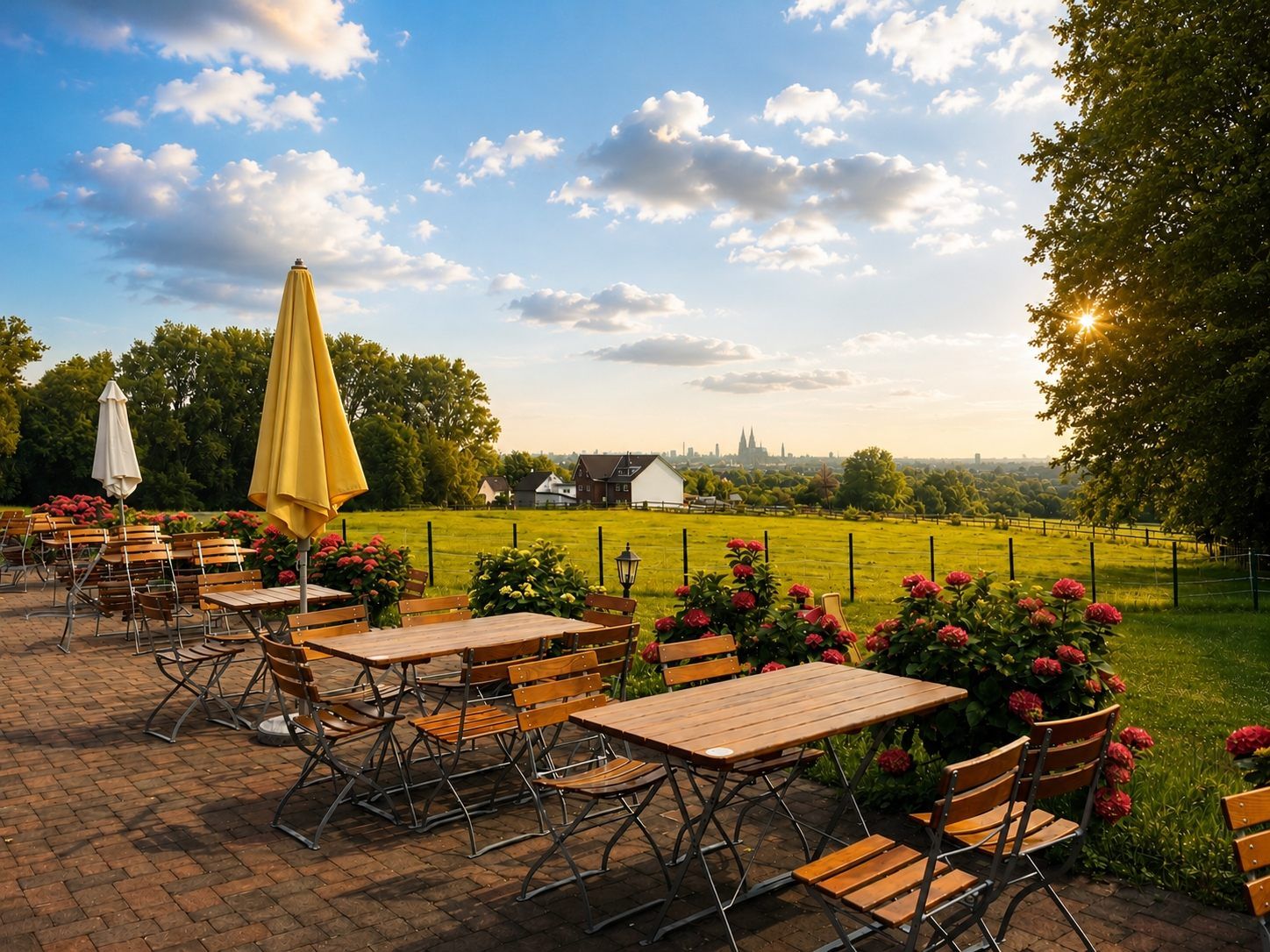 Terrasse des Weilerhofs mit Holztischen und Sonnenschirm, dahinter Felder und am Horizont der Kölner Dom
